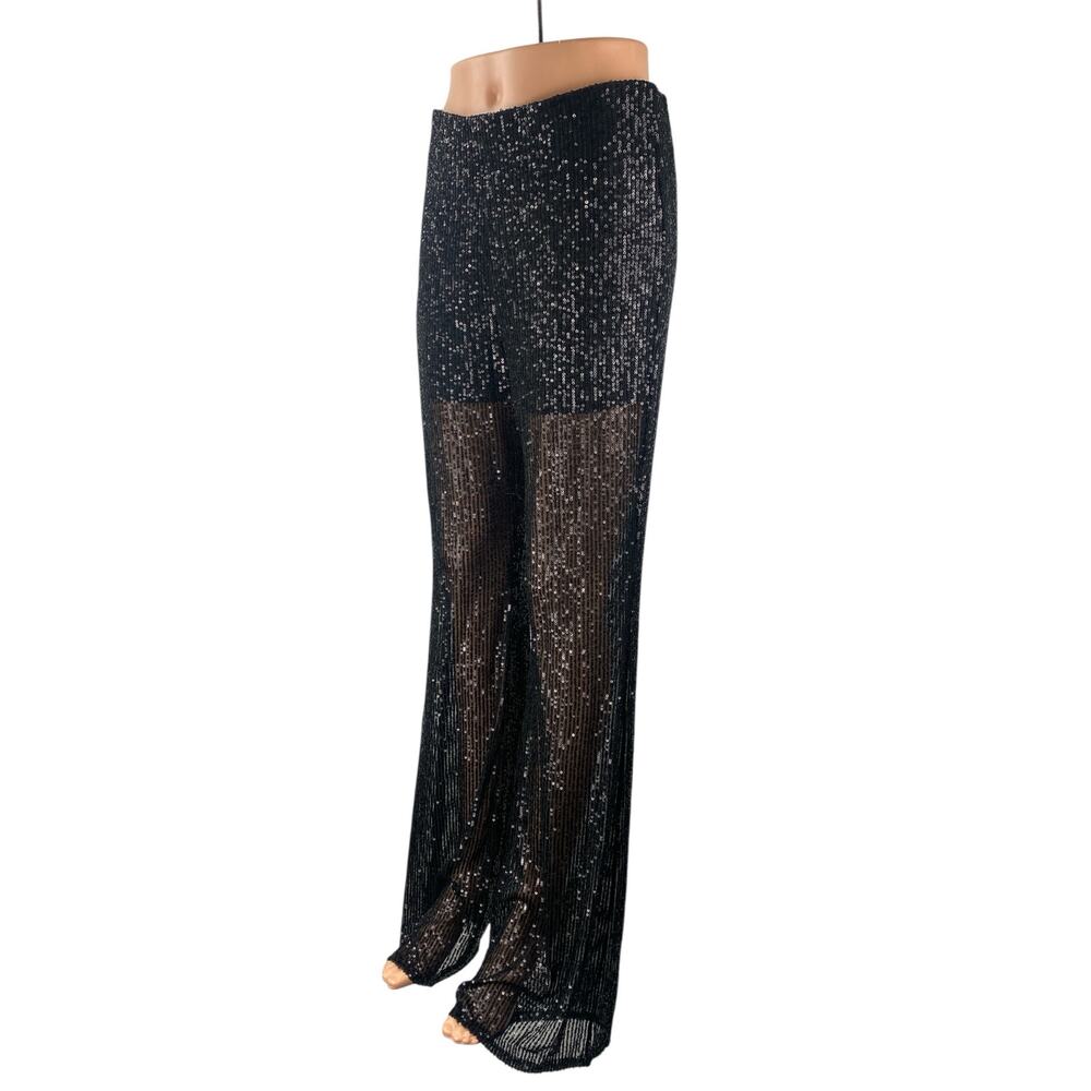 NEW Nasty Gal Women's Black Sequin Sparkly Sheer Wide Leg Trousers Pants Size 8 - Picture 3 of 6